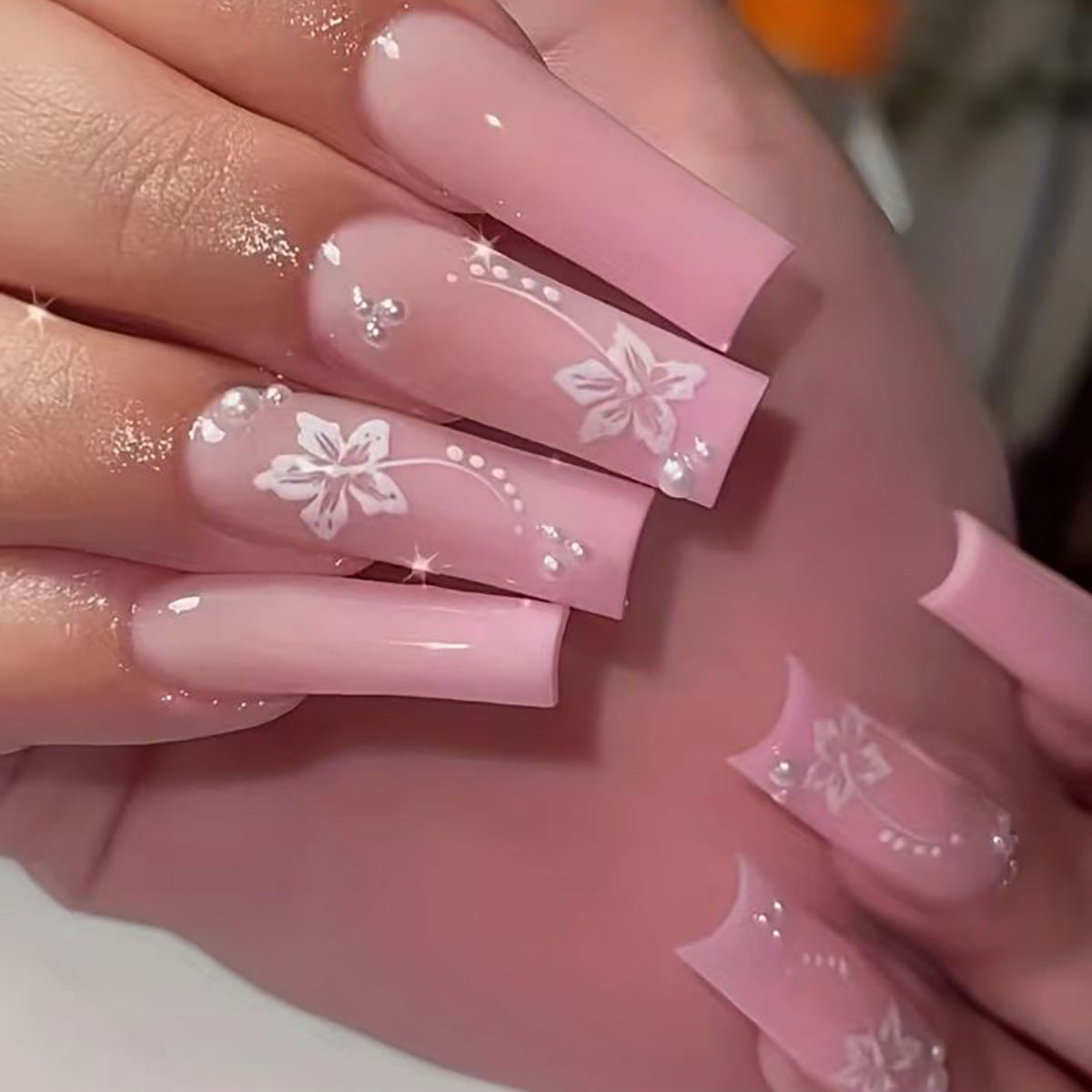 Cherry Blossom Elegance Long Square Pale Pink Press On Nails with Floral Embellishments and Sparkle Accents