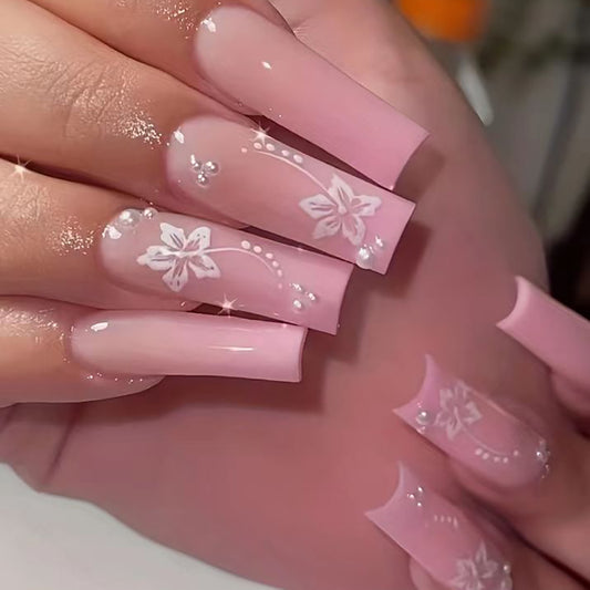 Cherry Blossom Elegance Long Square Pale Pink Press On Nails with Floral Embellishments and Sparkle Accents