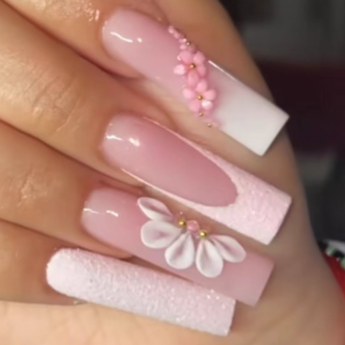 Spring Whisper Extra Long Coffin Soft Pink Press-On Nails with Delicate Flower Art and Matte Finish