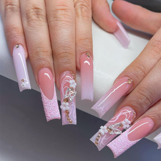 Enchanted Wedding Long Coffin Pink Ombre Press-On Nails with Rhinestone Accents and Floral Art