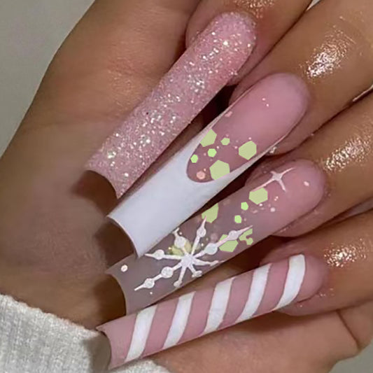 Whimsical Winter Long Coffin Baby Pink Press-On Nails with Glitter Overlay and Snowflake Accents