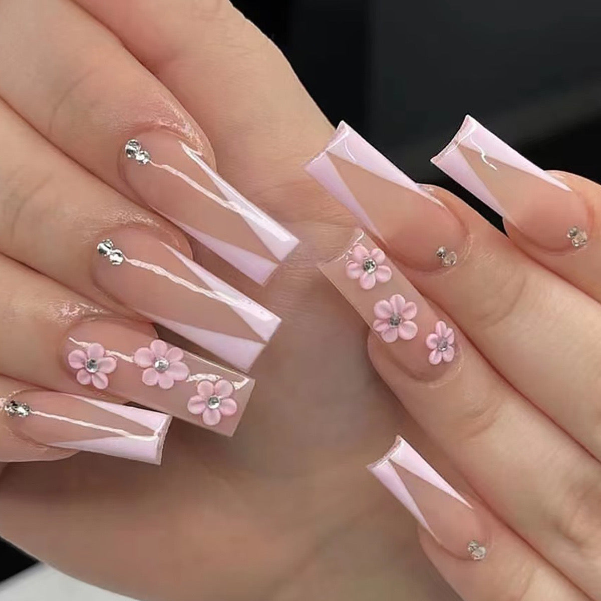 Spring Blossom Long Coffin Pink Press-On Nails with Floral Embellishments and Crystal Accents