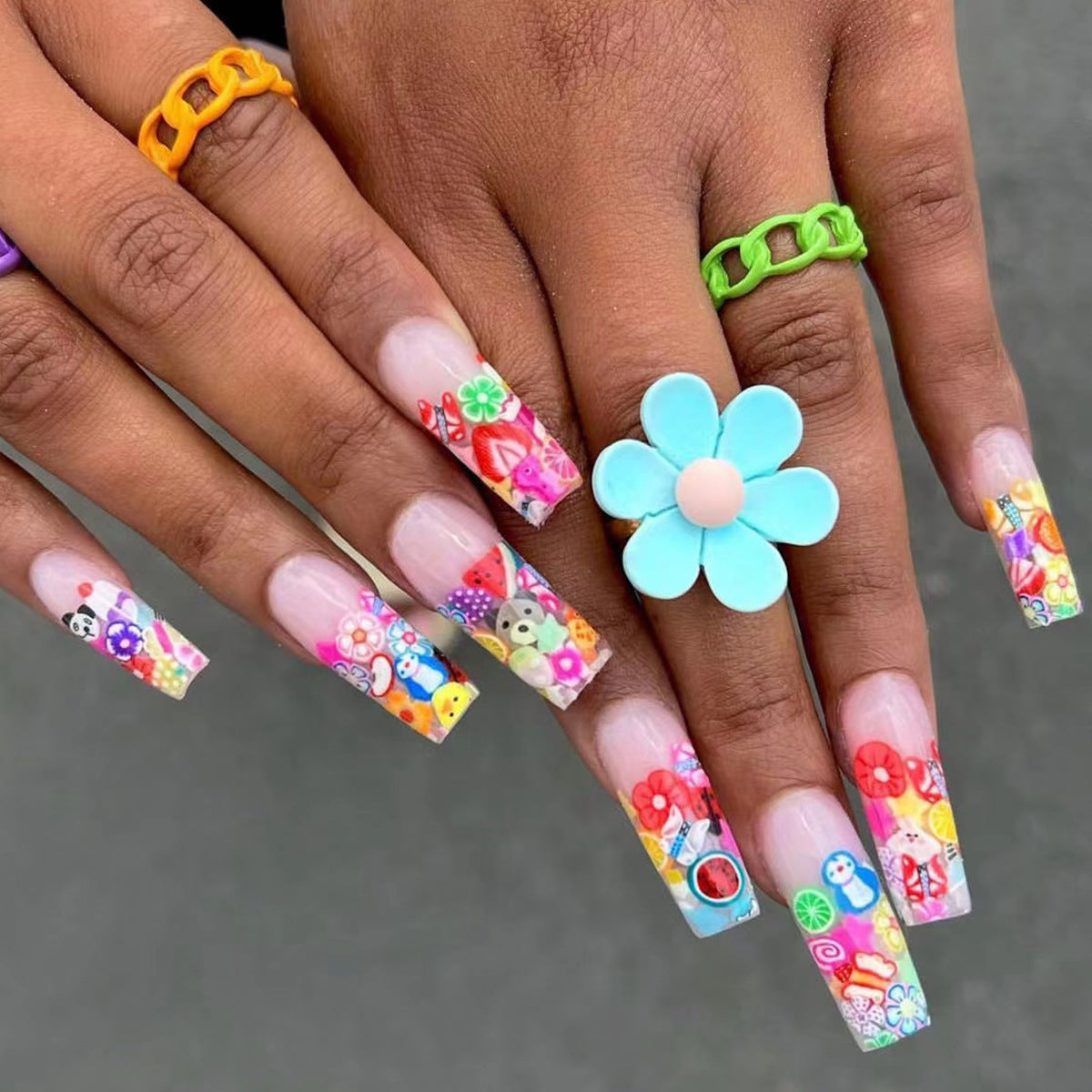 Spring Fling Extra Long Square Multicolor Cartoon Character Press On Nail Set with 3D Flower Accents