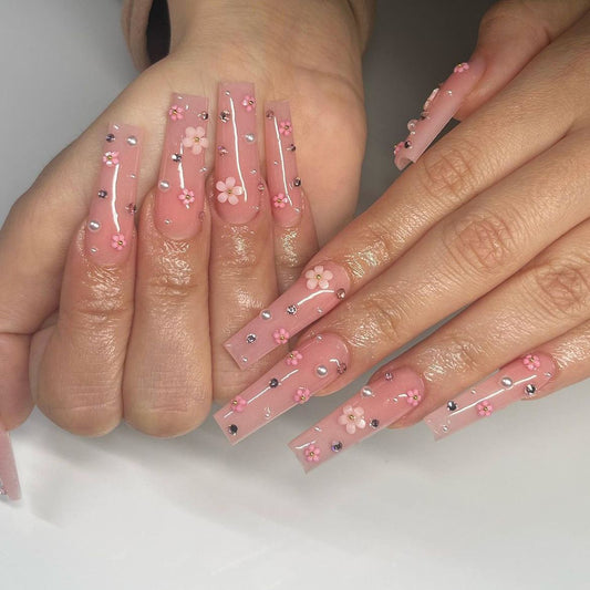 Island Morning Long Coffin Pink Vacation Press On Nails