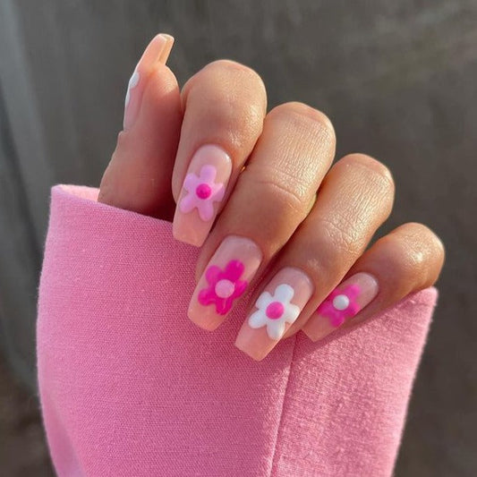 Flower Girl 2 Long Square Pink Cute Press On Nails