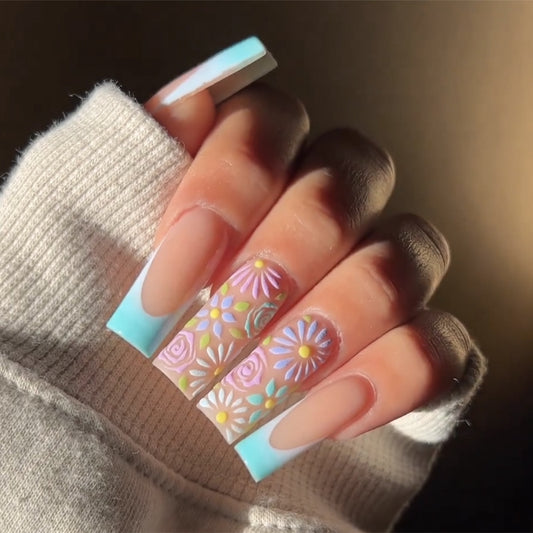 Same Energy Medium Square Multicolor Floral Press On Nails