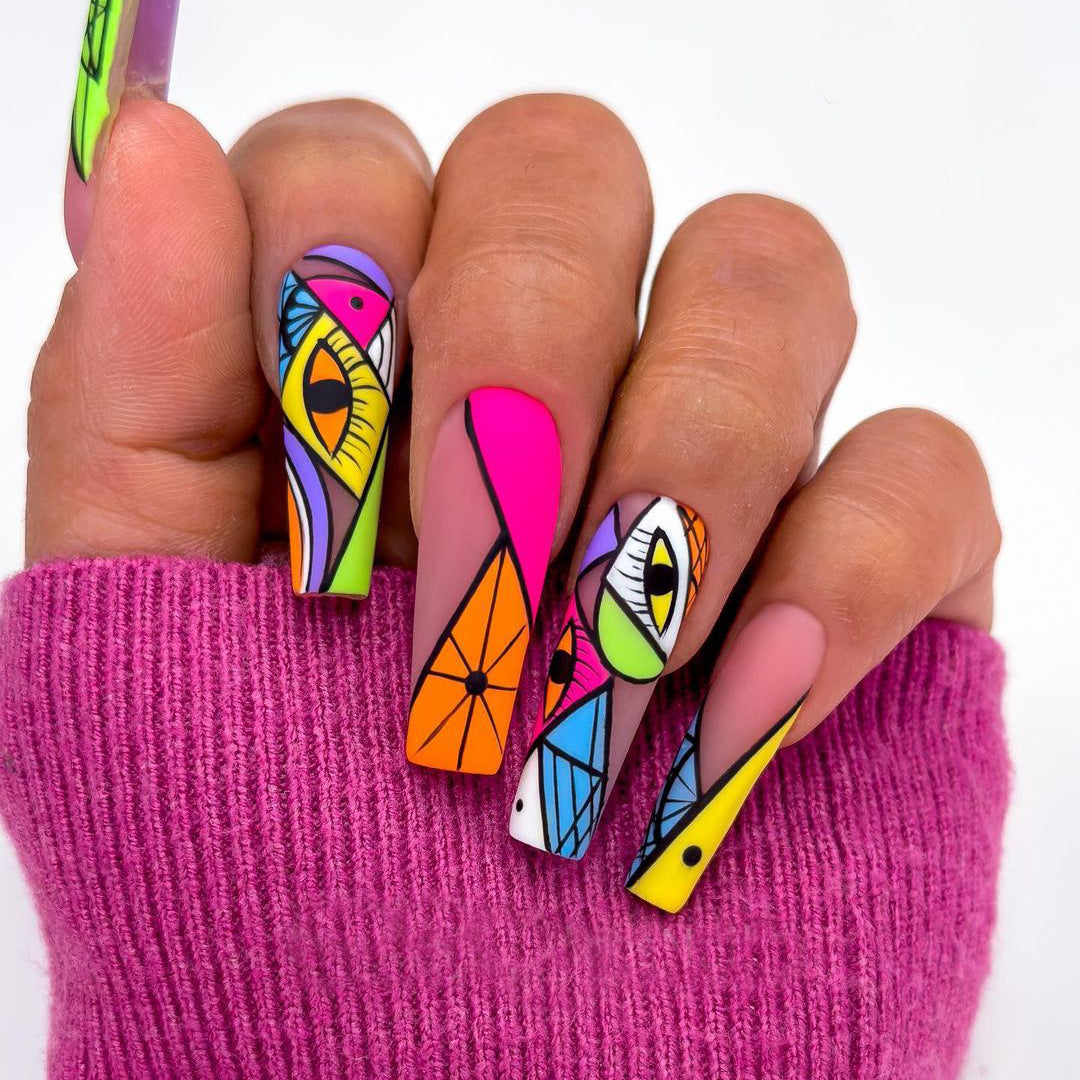 Picasso Long Coffin Multicolor Abstract Press On Nails