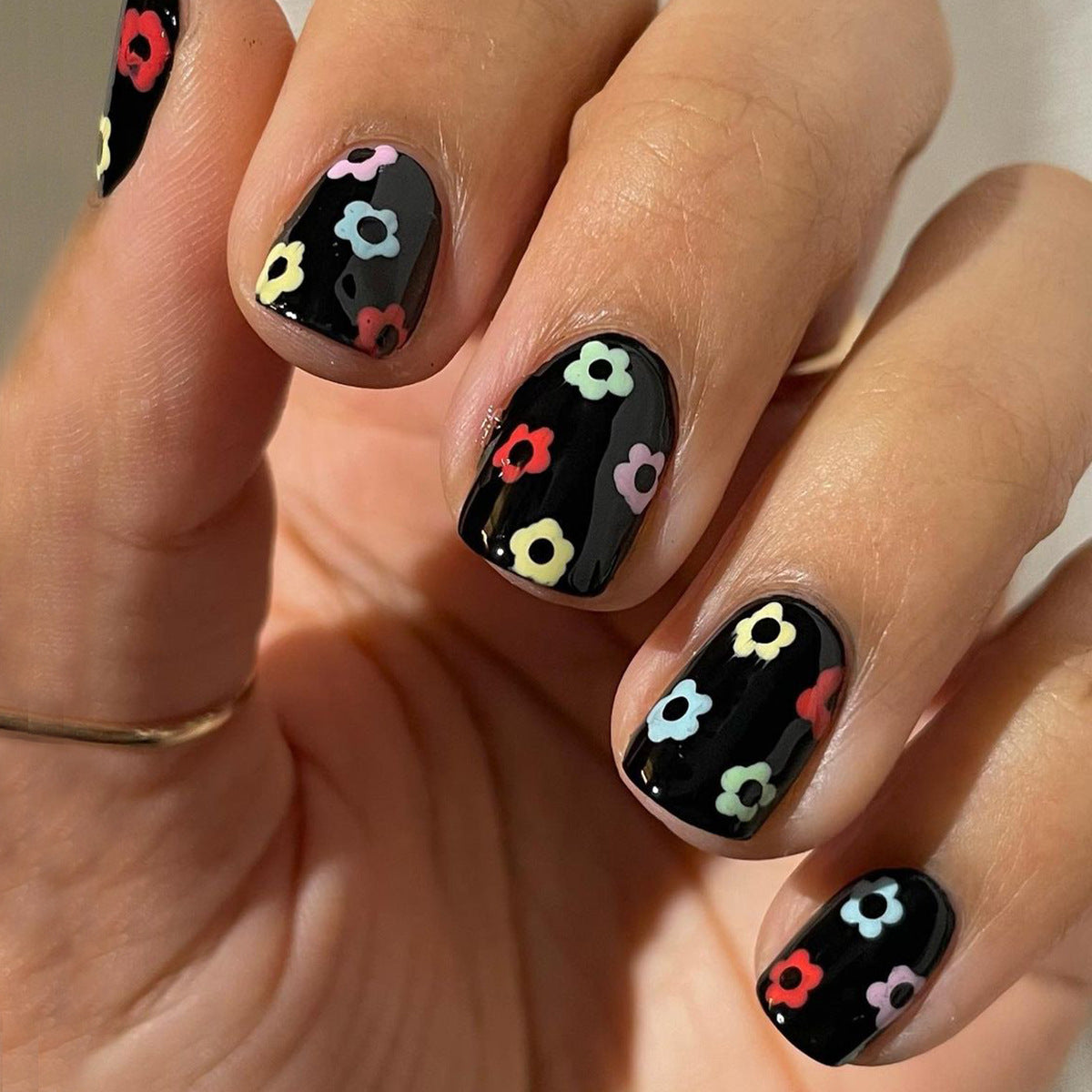 Dipped In Short Squoval Black Floral Press On Nails