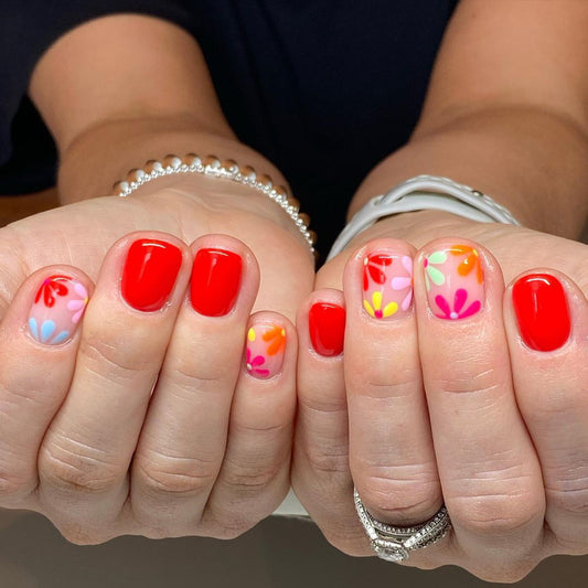 Painted Petals Short Squoval Red Floral Press On Nails