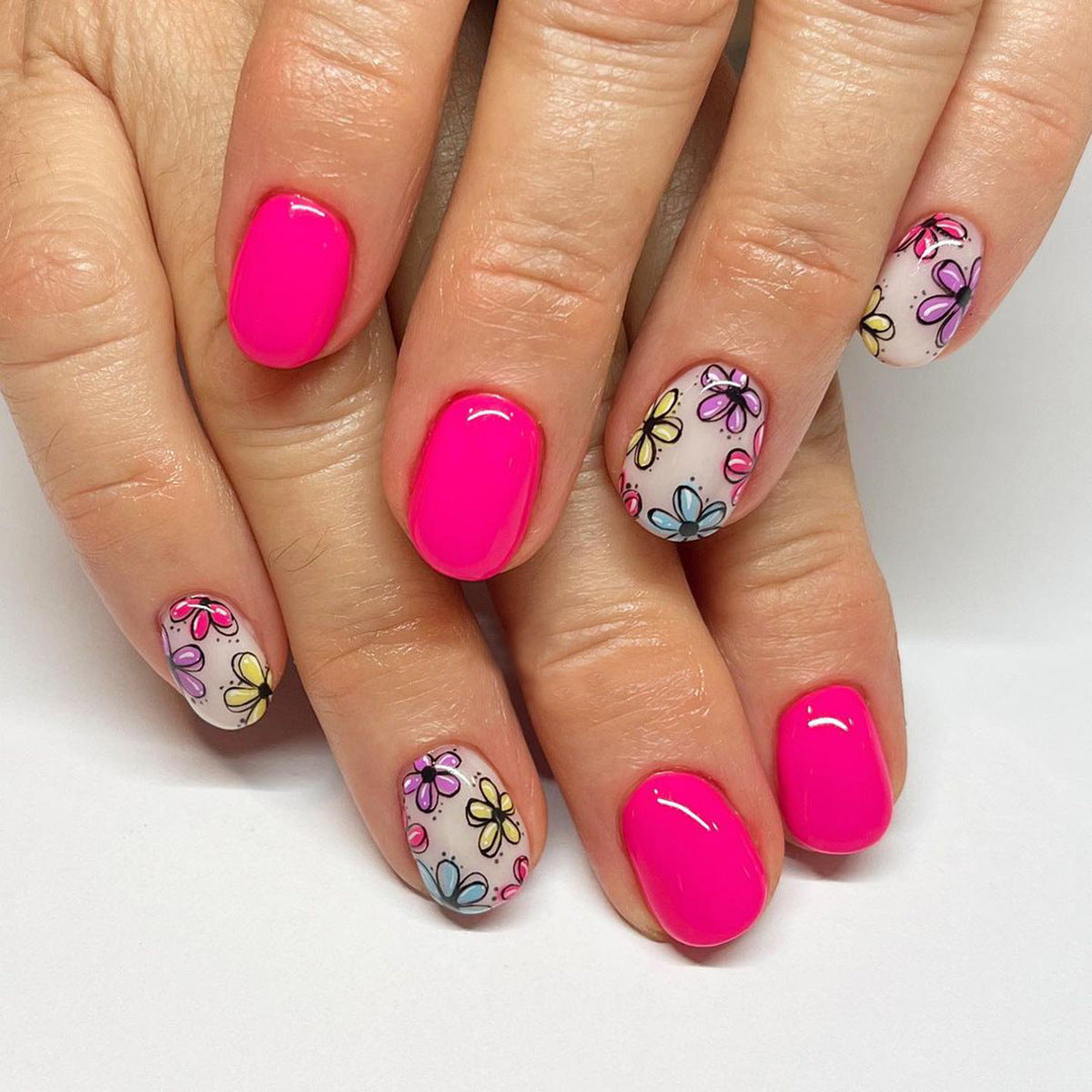 Love You More Short Round Multicolor Floral Press On Nails