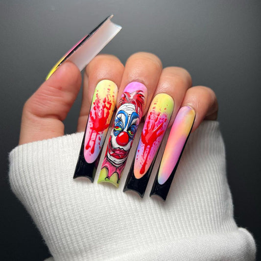 Clown Nightmare Long Coffin Multicolor Halloween Press On Nails