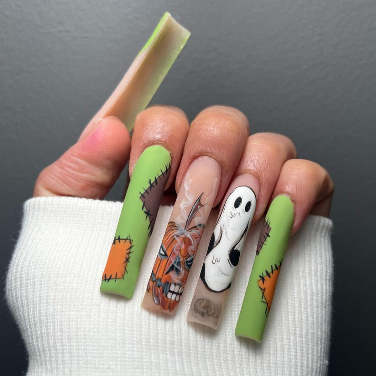 Patched Up Pumpkin Long Coffin Green Halloween Press On Nails