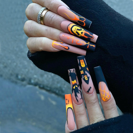 Truly Haunted Long Coffin Orange Halloween Press On Nails