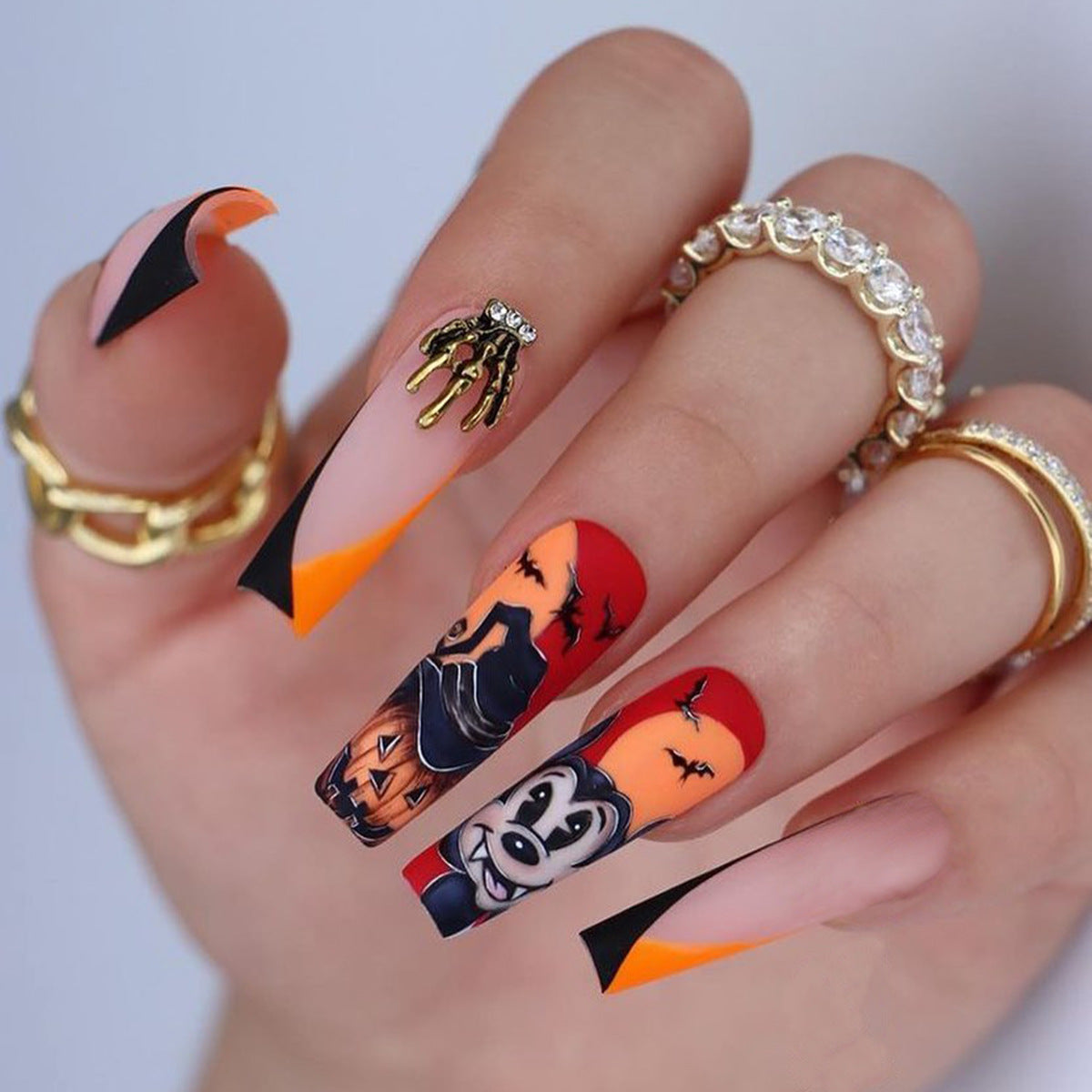 Spooky Mouse Long Coffin Orange Halloween Press On Nails