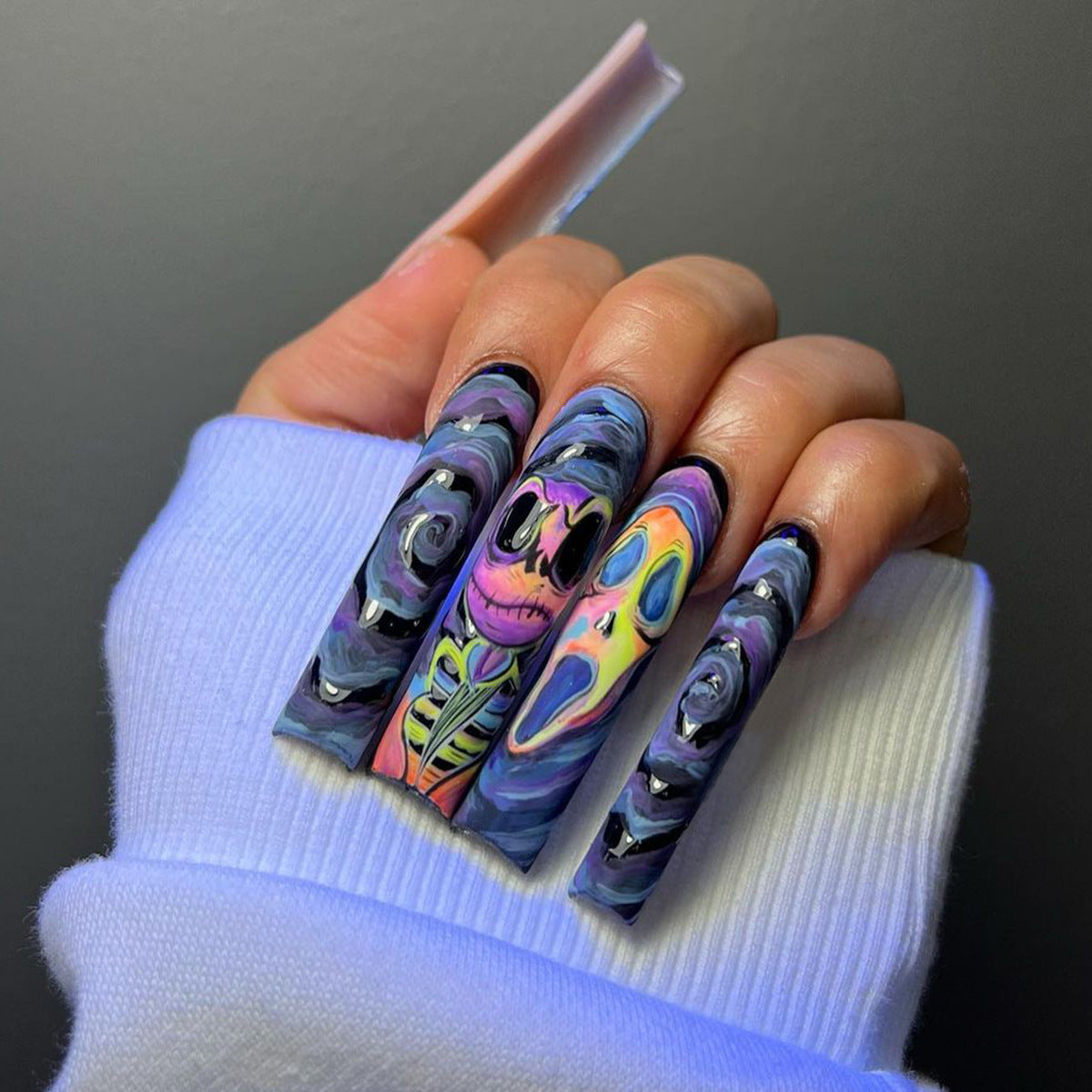 Jack And Scream Long Coffin Multicolor Halloween Press On Nails