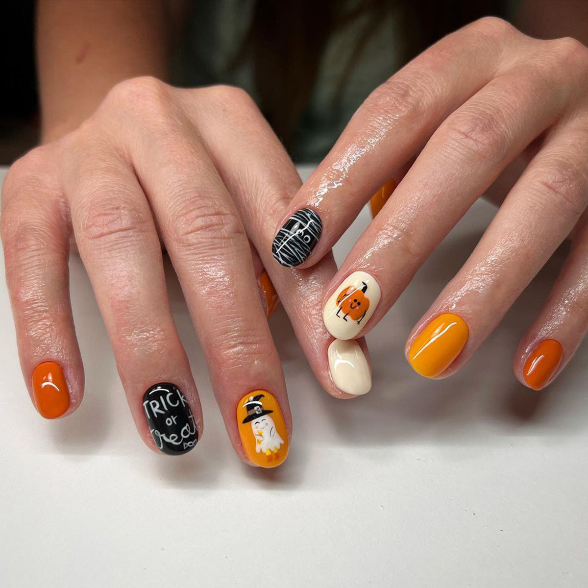 Cute Little Spooky Characters Short Squoval Orange Halloween Press On Nails