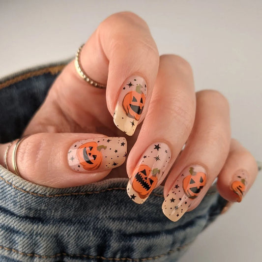 Jack O Lantern Party Medium Square Orange Halloween Press On Nails