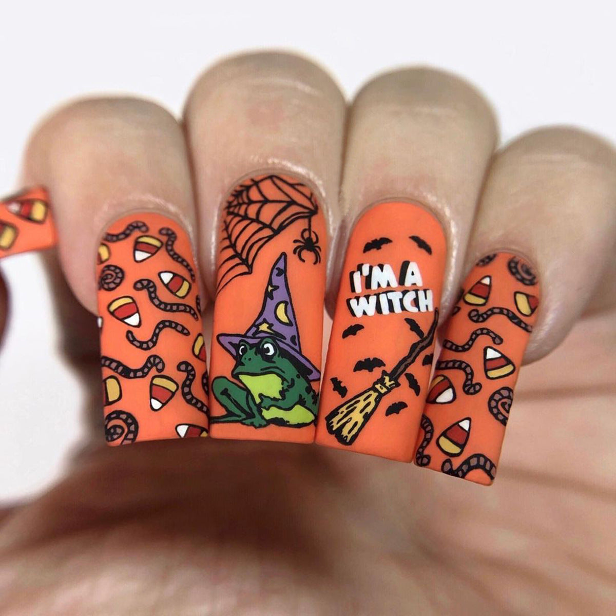 A Frog A Worm A Witch Long Square Orange Halloween Press On Nails