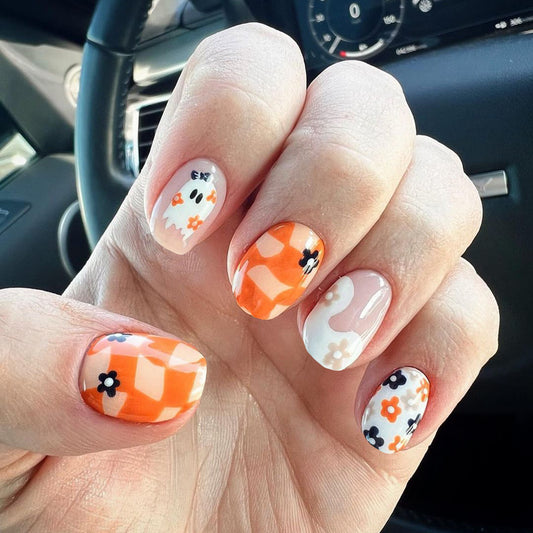 Ghosts In A Bow Short Squoval Orange Halloween Press On Nails