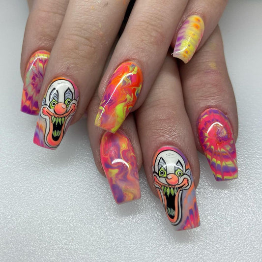 Tie Dye Clown Medium Coffin Multicolor Halloween Press On Nails