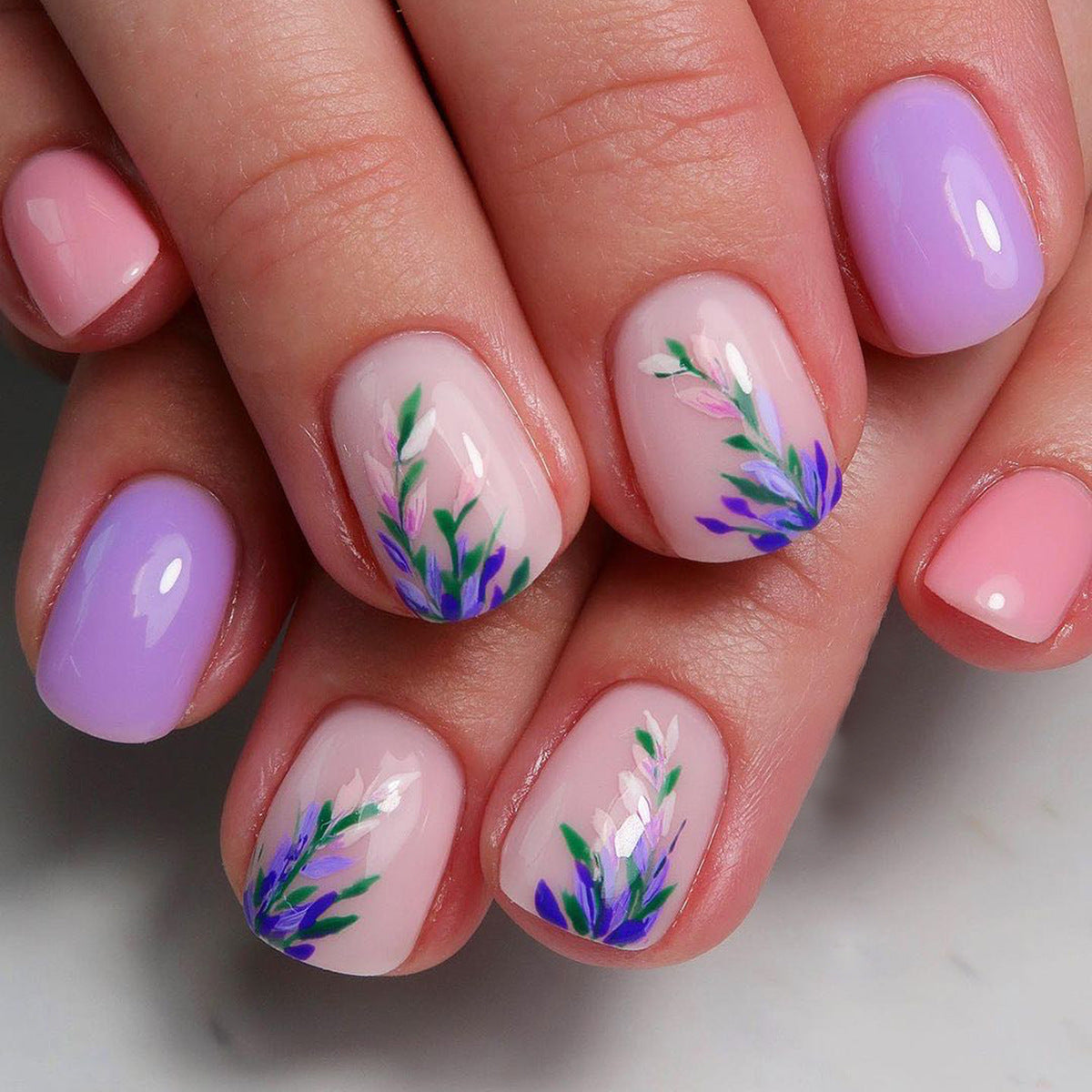 New Features Short Squoval Purple Floral Press On Nails