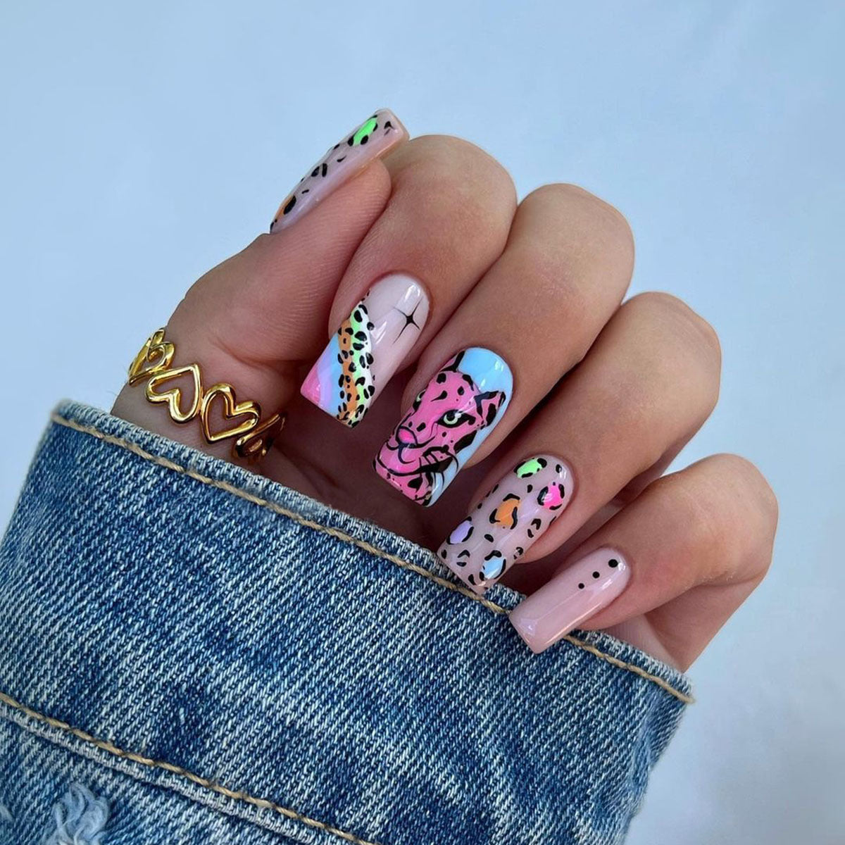 Bit Cat Long Square Multicolor Leopard Press On Nails