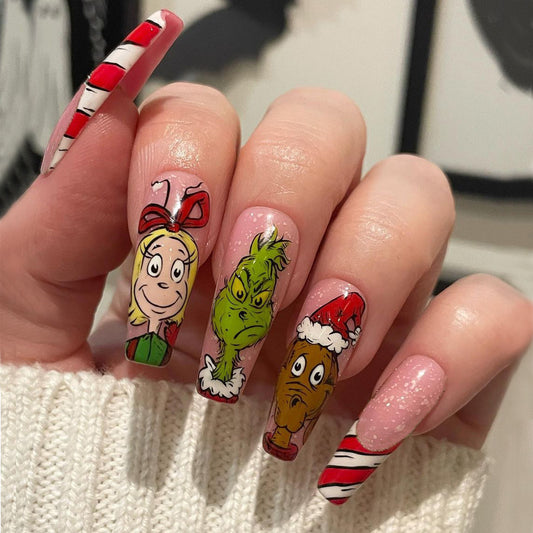 Not A Mean One Long Coffin Multicolor Holiday Press On Nails