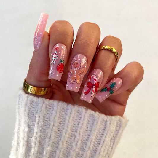 Baking Gingerbread Cookies Long Coffin Multicolor Holiday Press On Nails