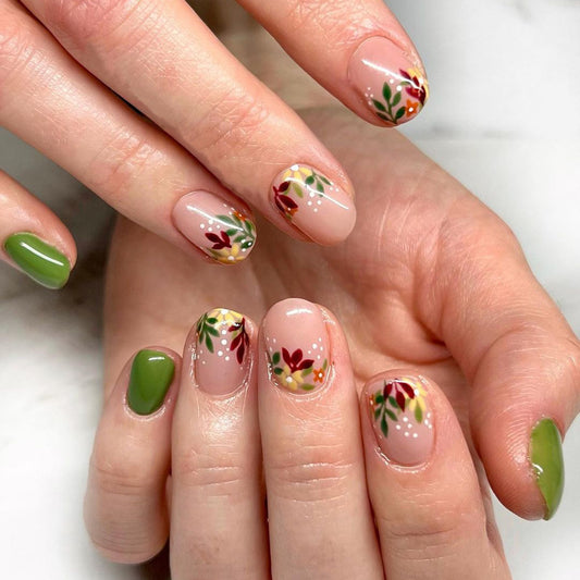 See You In Years Short Squoval Green Floral Press On Nails