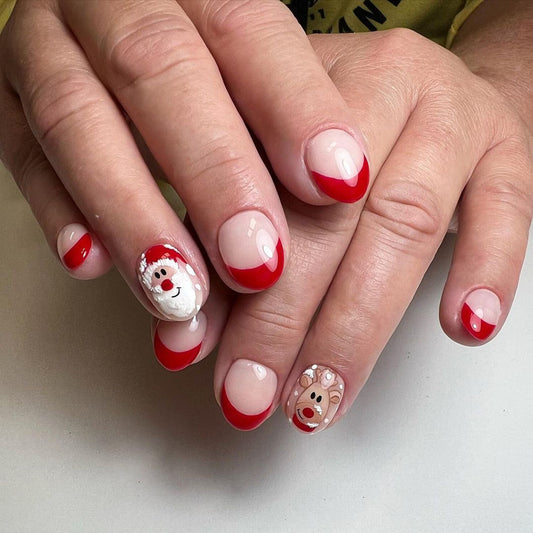 Santa And Rudolph Short Round Red Holiday Press On Nails