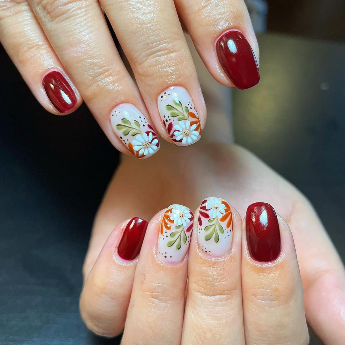 Going Through It Together Medium Squoval Red Floral Press On Nails