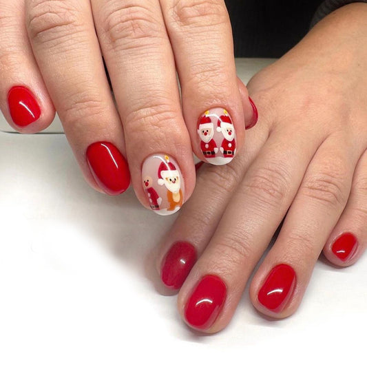 Everybody Is Santa Short Round Red Holiday Press On Nails