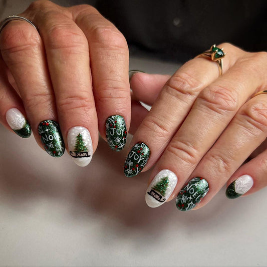 Joy To The World Medium Oval Green Holiday Press On Nails