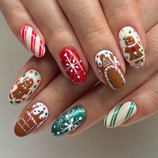 Gingerbread Houses All Around Medium Squoval Brown Holiday Press On Nails