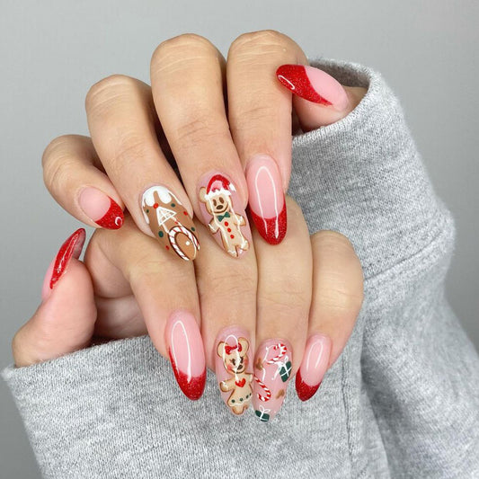 Gingerbread Couple Medium Almond Red Holiday Press On Nails