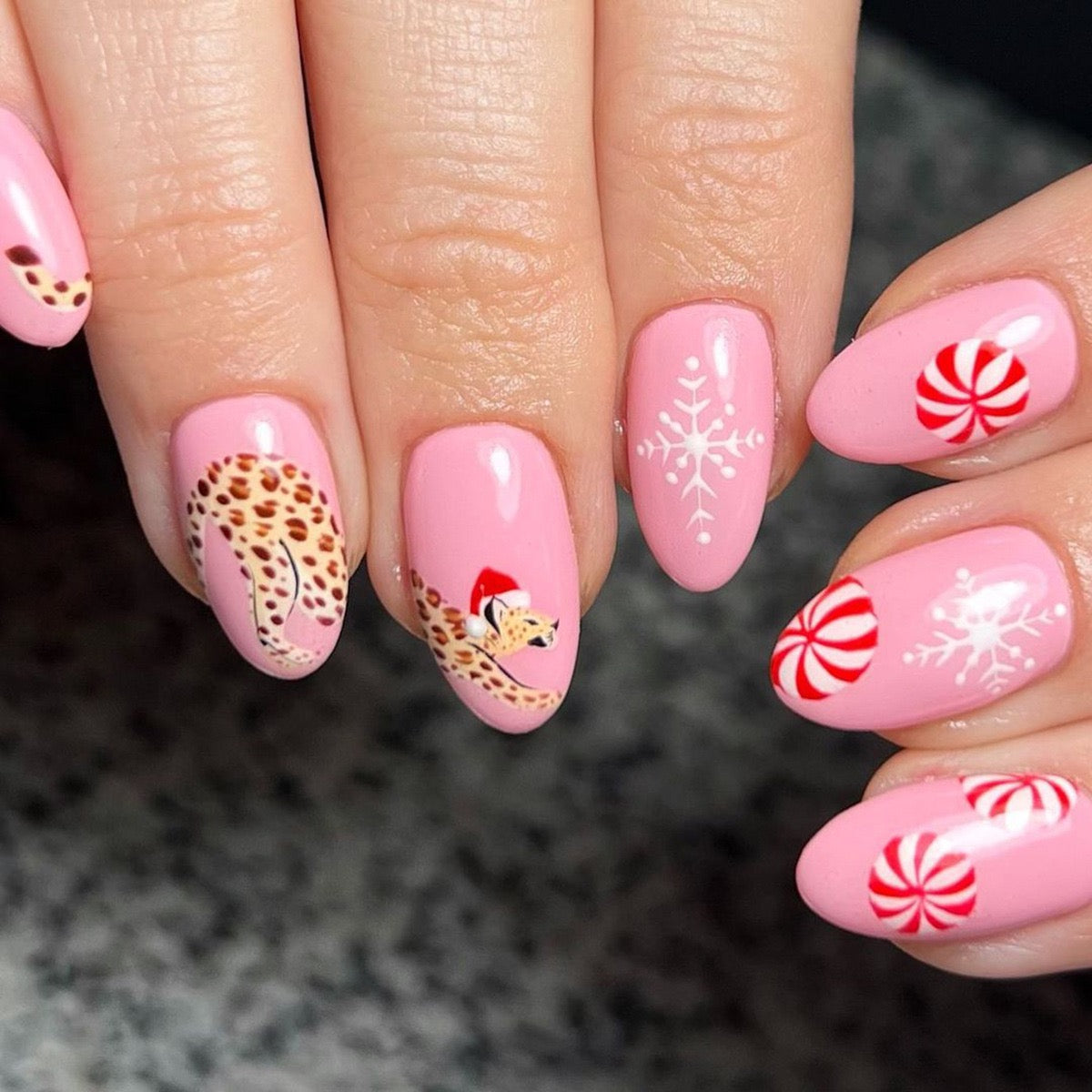 Cute Leopard Christmas Medium Oval Pink Holiday Press On Nails