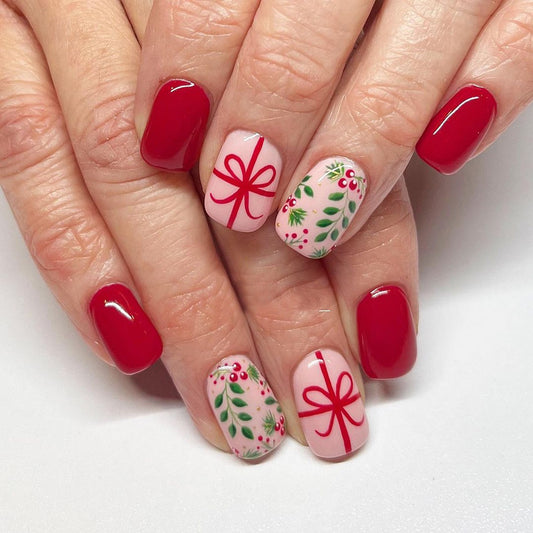 Wrapped In Holly Medium Squoval Beige Holiday Press On Nails