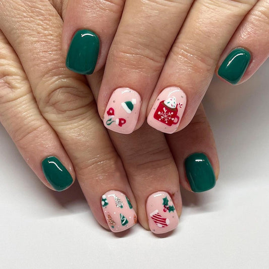 Mittens And Stocking Short Square Green Holiday Press On Nails