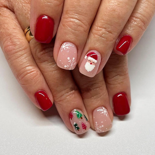 Snowflakes And Santa Medium Square Beige Holiday Press On Nails