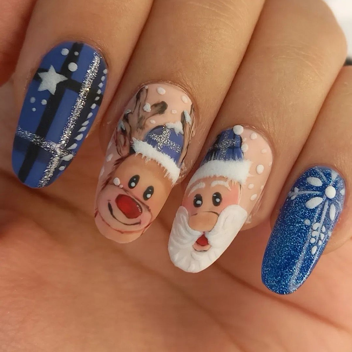 Santa And Rudolph Friends Medium Oval Blue Holiday Press On Nails