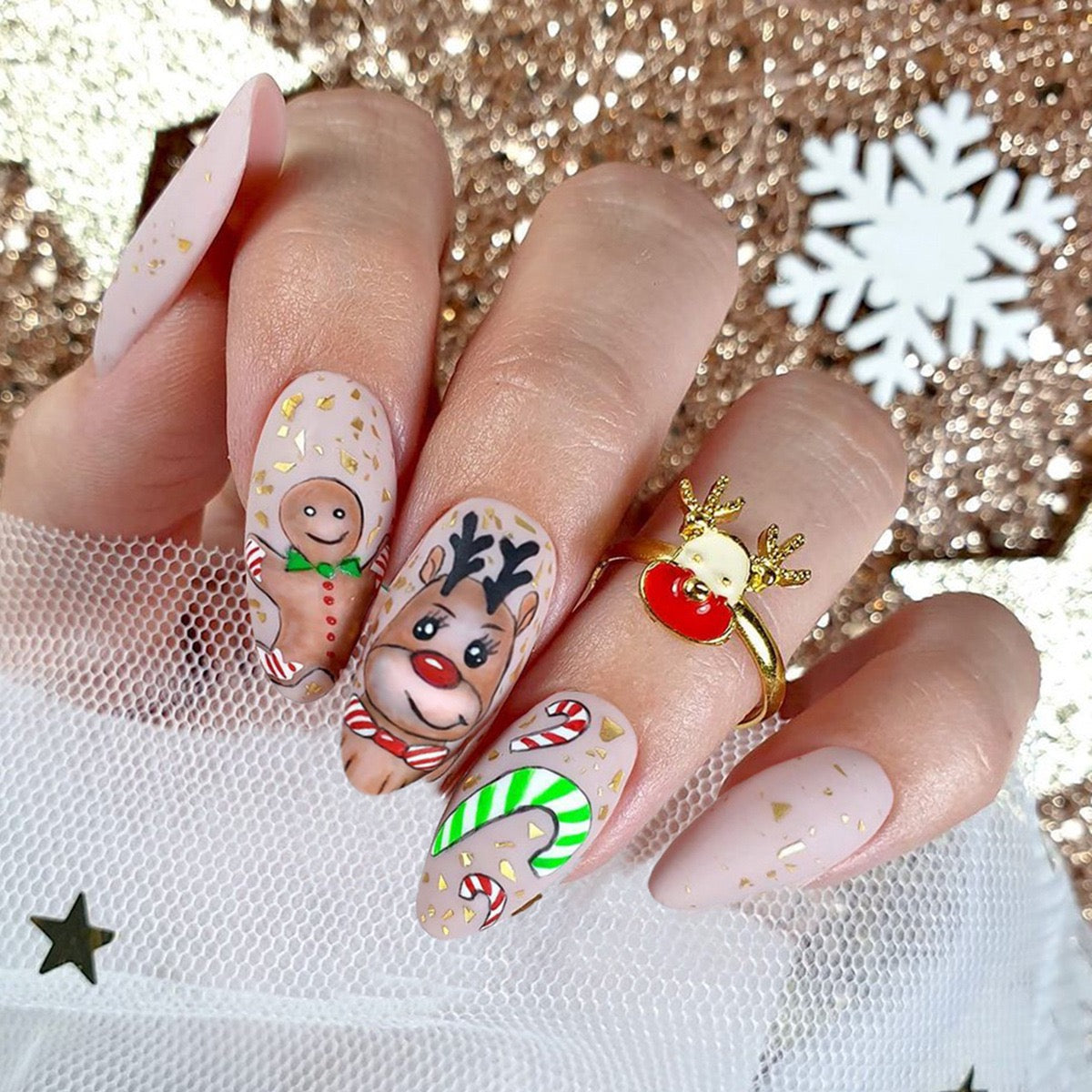 Rudolph And Mister Gingerbread Long Almond Beige Holiday Press On Nails