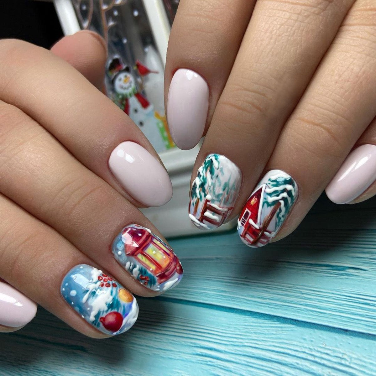 Dreamy Winter Landscape Medium Oval Multicolor Holiday Press On Nails