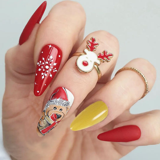 Bear Presents Long Almond Multicolor Holiday Press On Nails