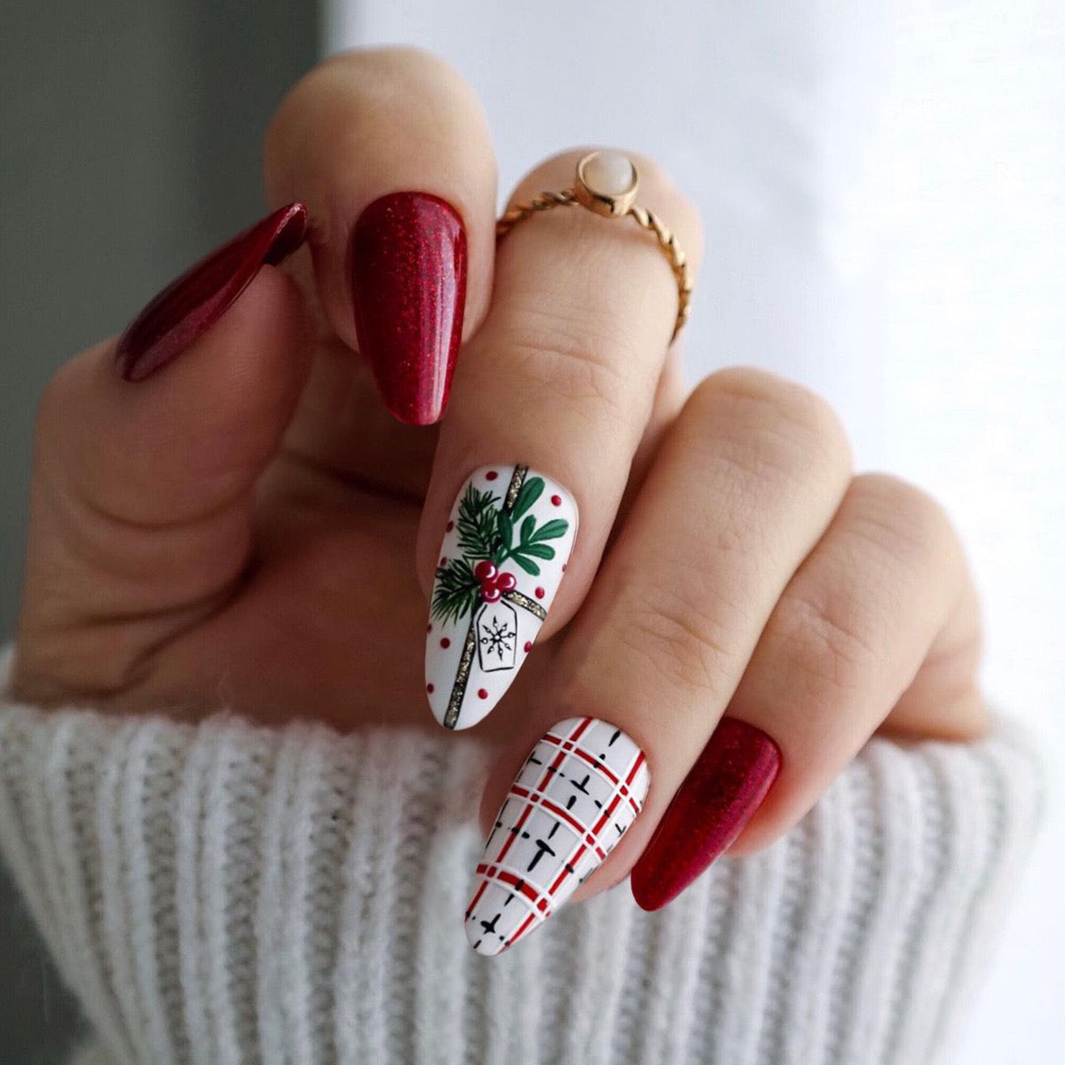 Wrapped In Holly Long Almond White Holiday Press On Nails