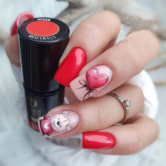 Enchanting Love Medium Square Vibrant Red Press-On Nails with Heart Balloon and Cute Character Art