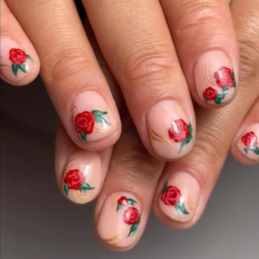 Enchanted Garden Short Round Beige Press-On Nails with Hand-Painted Rose Artwork for a Floral Elegance