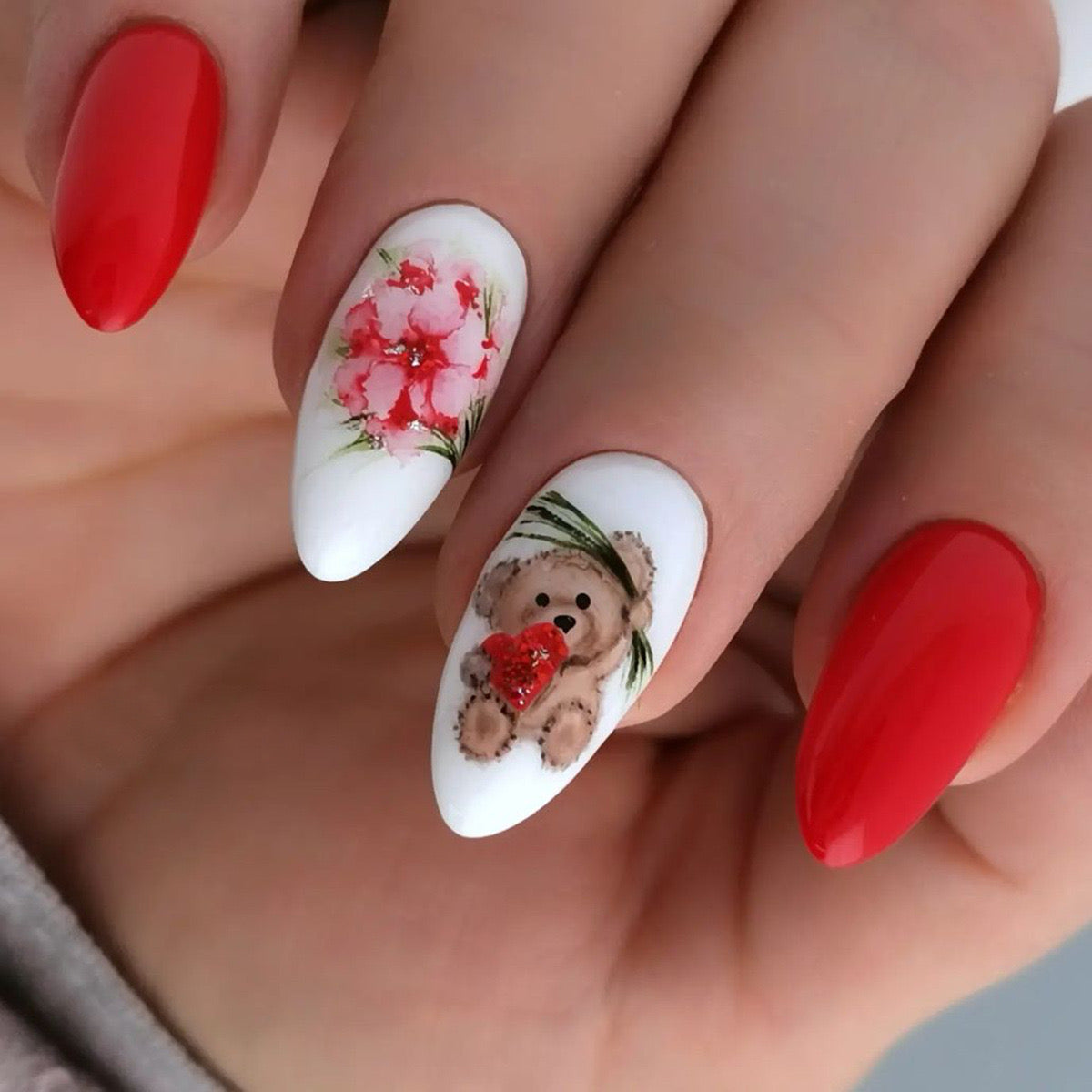 Enchanted Affection Long Almond White and Red Press-On Nails with Floral and Teddy Bear Accents