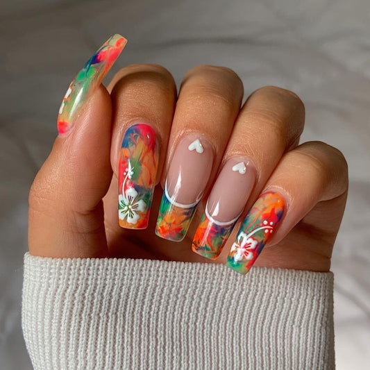 Tropical Bliss Extra Long Coffin Multicolor Press-On Nails with Transparent Floral Art