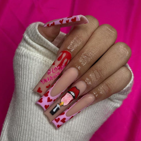 Romantic Rendezvous Extra-Long Coffin Baby Pink Press-On Nails with Heart Patterns and Love Letter Accents