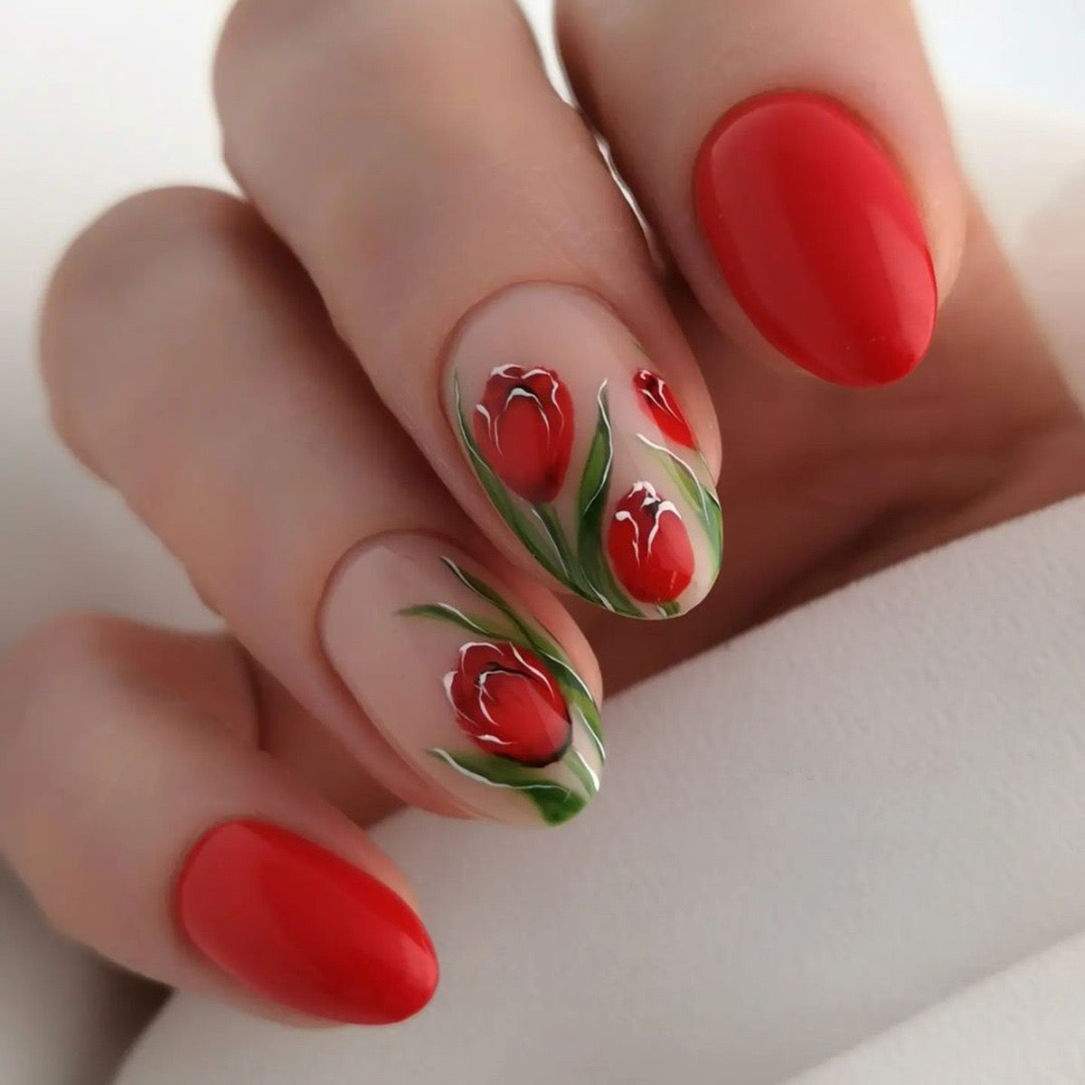 Enchanted Garden Medium Oval Red Press-On Nail Set with Hand-Painted Tulip Artwork